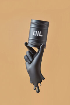 Black liquid splash hand holding oil barrel.