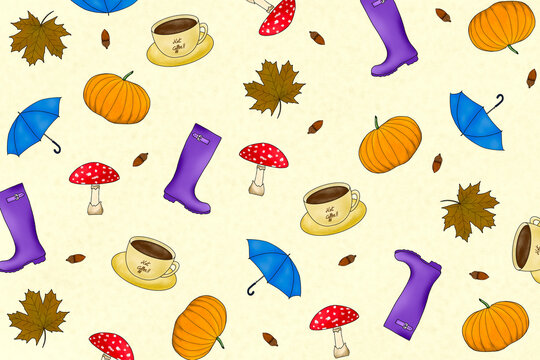 Repeating pattern of colorful autumn or fall icons. Illustration