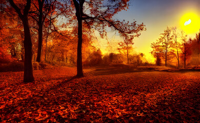 Naklejka na ściany i meble An autumn scene, falling leaves, digital art