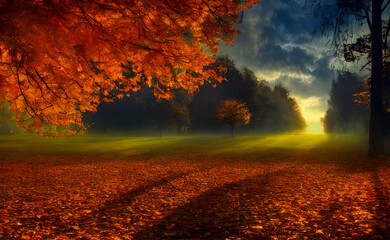 Naklejka na ściany i meble An autumn scene, falling leaves, digital art