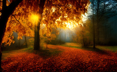 Fototapeta na wymiar An autumn scene, falling leaves, digital art