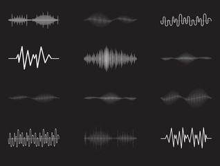 Sound audio wave vector. Icon set isolated on black background. Abstract sound waves for voice design, music background, radio logo and icon. Creative music audio concept. Soundwave vector
