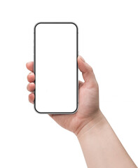 Woman hand holding smart phone with blank screen isolated on white. Template, mockup, filetype .png