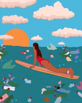 Woman surfing in dirty sea