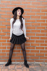 slim latin woman with long hair, wears a skirt, sweater, tights, makeup and hat, fashion and beauty on brick wall background