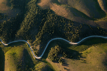 Top view beautiful mountain meadows sunset time