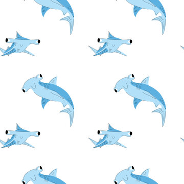 Seamless pattern with cute shark. Hand drawn illustration in scandinavian style for children.
