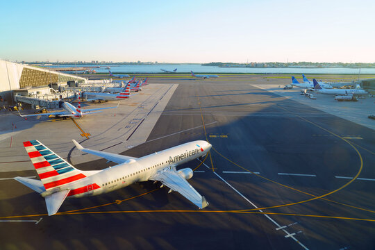 NEW YORK, NY -14 SEP 2022- View of an airplane from American Airlines (AA) at LaGuardia Airport (LGA) in Queens, New York, United States.