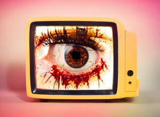 A giant eye, wounded and bleeding, inside an old vintage tv set. Colorful bizarre surrealist scene.
