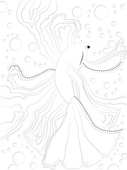 One betta fish swimming. Bubbles in the water. Black and white,handdrawn. Vector.