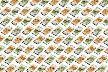 Fifty and hundred euro banknotes pattern on bright white background