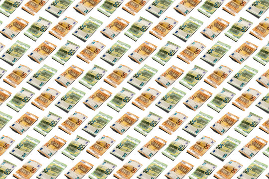 Fifty and hundred euro banknotes pattern on bright white background