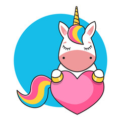 Cute cartoon unicorn sticker. The unicorn is holding a red heart. Baby vector illustration