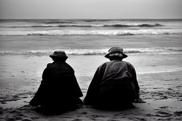 An elderly couple sits on the sand on the beach and looks out at the ocean