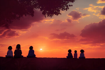 Fototapeta premium Children sit on a mountain and watch a beautiful red sunset Regenerate response