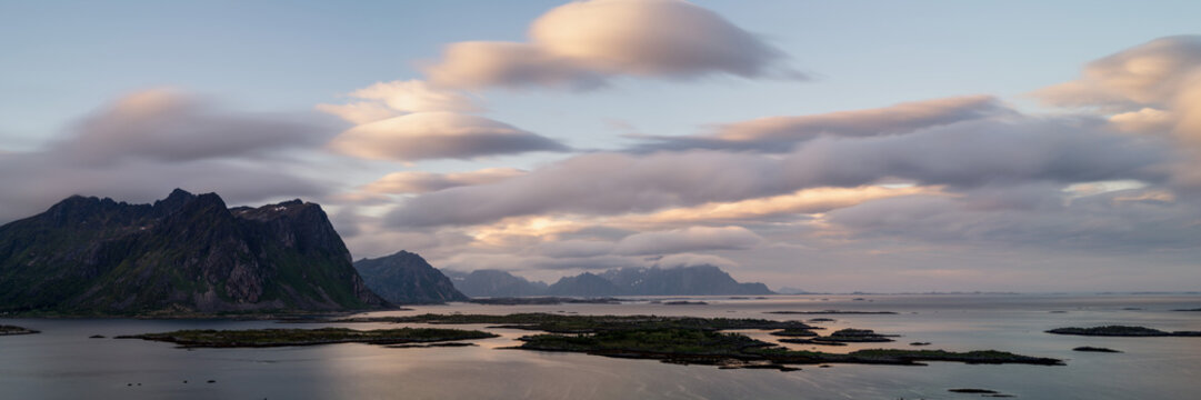 Rolvsfjorden Clouds Vestvagoya mountains sunrise Lofoten Islands - Powered by Adobe