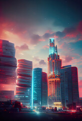 Glowing neon skyscrapers under cloudy sky. Surreal city of the future. Digital illustration