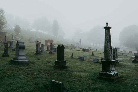 A foggy cemetery