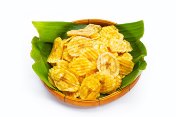 Banana slice chips on white background.