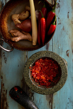 Pounding sambal spice paste