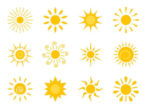 Sun flat icon set. Various yellow sunshine star. Cartoon summer sunlight nature sky. Simple graphic solar circle sign. Sunny heat rays weather app symbol. Logotype sunrise sunset isolated on white.