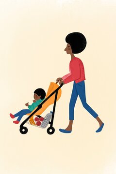 Mother pushes son in a pushchair.