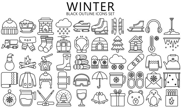Winter black outline icons set. Jackets, sweater, hot drink, winter sport, snow, Christmas, gloves and more. use for modern UI or UX kit, digital banner and app. vector EPS 10 ready convert to SVG.