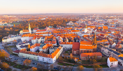 Scenic aerial view of historical center of Polish town of Kalisz at sunset in spring, Greater Poland Voivodeship..