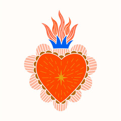 Sacred Heart love Folk Art color Illustration hand made	