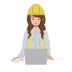 デスクで座ってPCを使っている工事現場の女性