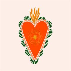 Sacred Heart love Folk Art color Illustration hand made	