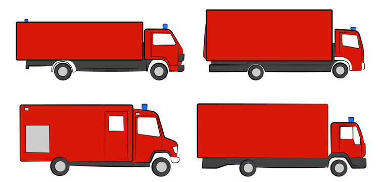 4x Feuerwehr Ger&auml;tewagen Logistik Zeichnungen Vektor Grafik | Fire department equipment trolley logistics drawnings vector graphic