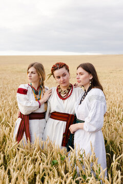 Girls in embroidered clothes posing among field 