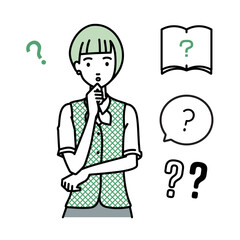 立って手をあごにあてて疑問を感じている事務員制服の女性 クエスチョンマークのセット
