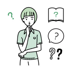 立って手をあごにあてて疑問を感じているポロシャツの女性 クエスチョンマークのセット