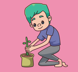 growing plants in pots cartoon illustration