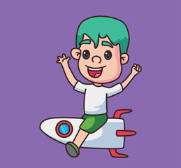 little children riding a rocket cartoon illustration