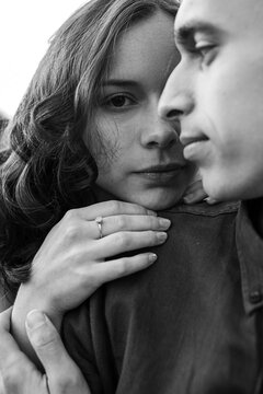 Black and white photo portrait of a couple in love