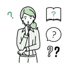 立って手をあごにあてて疑問を感じているブラウスの女性 クエスチョンマークのセット