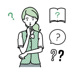 立って手をあごにあてて疑問を感じている事務員制服の女性 クエスチョンマークのセット