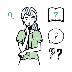 立って手をあごにあてて疑問を感じているオフィスカジュアルの女性 クエスチョンマークのセット