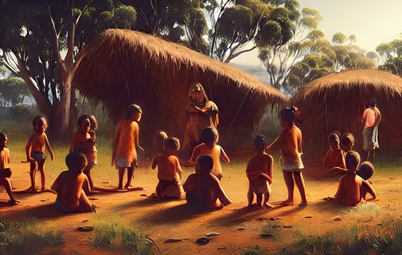 Aboriginal Australian Children Are Gathered Around An Elder In Front Of A Traditional Hut As They Listen To Stories About The Dreamtime, Concept Digital Illustration