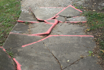 September 17, 2022. Joliet, Illinois, USA. A section of sidewalk is marked with pink paint as in need of repair.