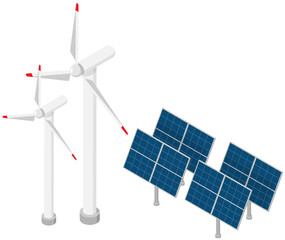 Modern smart electrical solar power plant technology equipment. Wind turbines power plant. Digital related asset. Power plant battery energy storage with photovoltaic solar panels and rechargeable