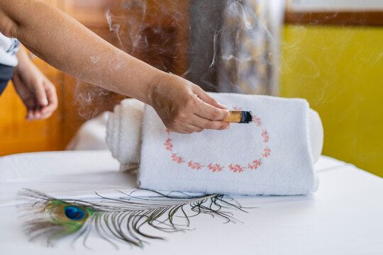 Hand holding a piece of palo santo. 