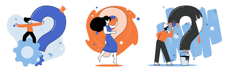 Question mark, obtaining information of interest. Problem and solution concept metaphor. FAQ help. Decision of information task, ask questions and receive answers, paint ladge sign decision of doubts