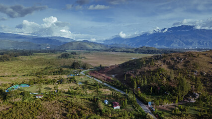 Panorama of the Baliem Valley in Wamena, Papua province, taken by drone.