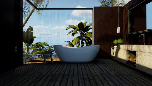 Sunny tropical bathroom overlooking the ocean