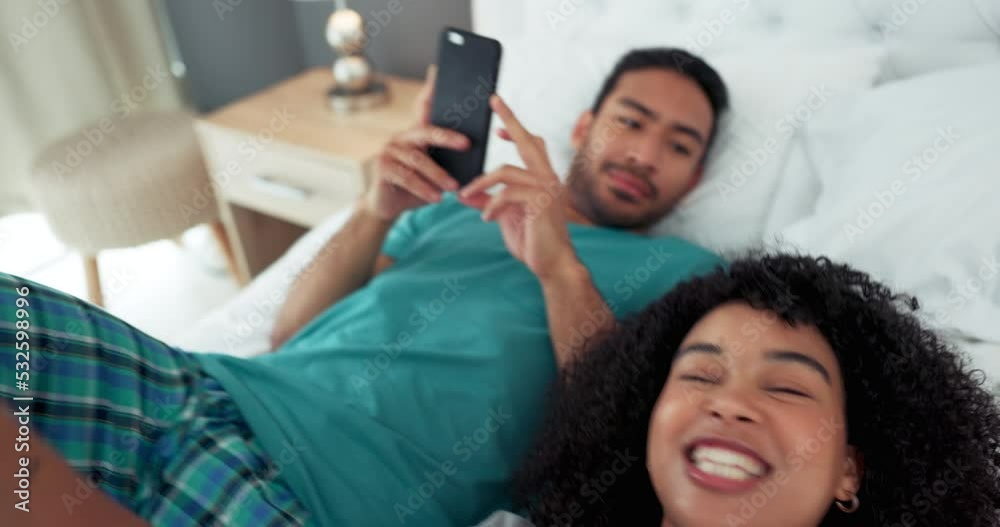 Sticker Couple streaming, social media video and influencer welcome internet to web blog, communication on call and live streaming from bedroom in house. Man and woman doing broadcast on tech