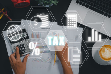 Tax concept for business, Businesswoman using calculator to complete Individual income tax return form online for tax payment, Data analysis, paperwork, financial research, report, Calculation tax.